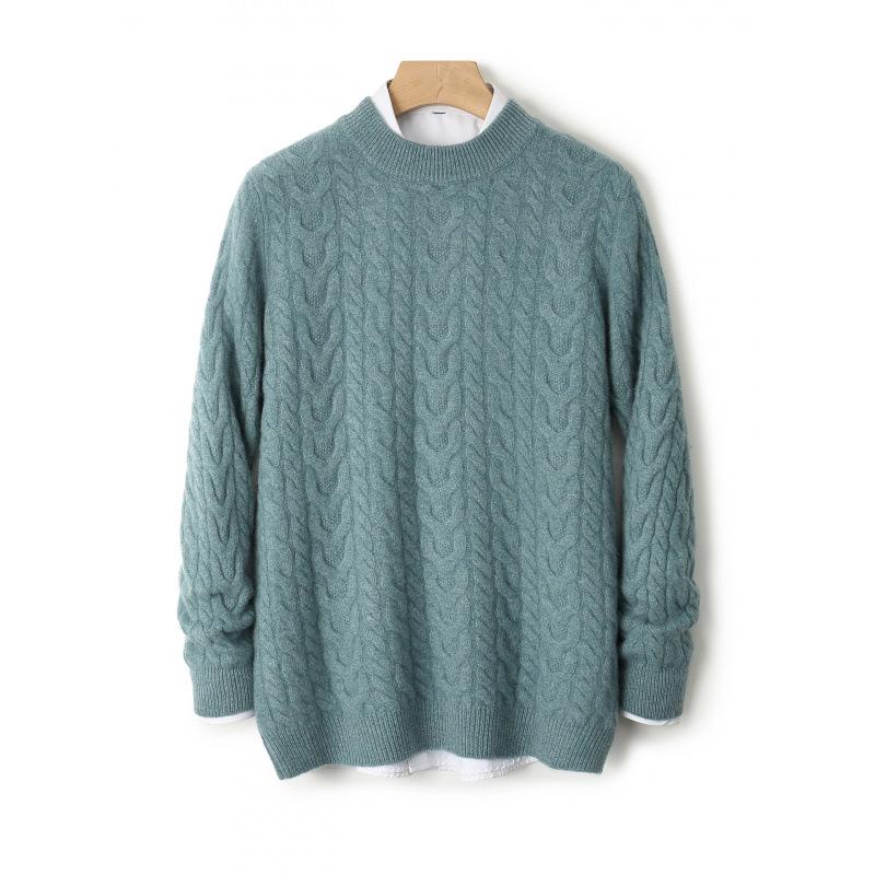 Men's Thickened Pure Wool Half-High Collar Cable Knit Sweater - Autumn Winter Loose Business Casual Base Layer