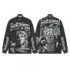 Unisex Vintage Skull Print Washed Cotton Long Sleeve Hoodie Streetwear Loose Fit