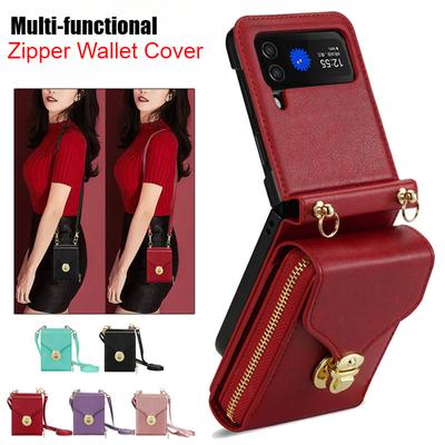 Multi-functional Zipper Wallet Phone Cover for Samsung Galaxy Z Flip 6 5 4 3 5G Crossbody Lanyard Leather Case for Z Flip6 Flip5 Flip4 Flip3