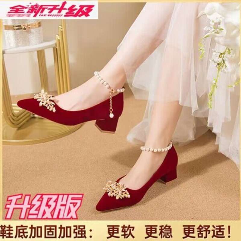Bridal wedding shoes Xiuhe wedding shoes high heels thick heels women's 2025 new burgundy Xiuhe clothes toasting wedding shoes