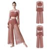Conjunto de Dança Lyrical Feminino com Lantejoulas Aplicadas, Manga Lanterna, Costas Abertas, Top Cropped com Calcinha Embutida, Calça de Malha Transparente, Roupas de Dança Fluidas
