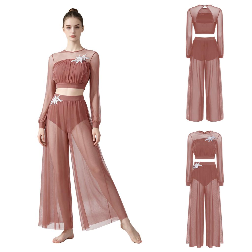 Conjunto de Dança Lyrical Feminino com Lantejoulas Aplicadas, Manga Lanterna, Costas Abertas, Top Cropped com Calcinha Embutida, Calça de Malha Transparente, Roupas de Dança Fluidas