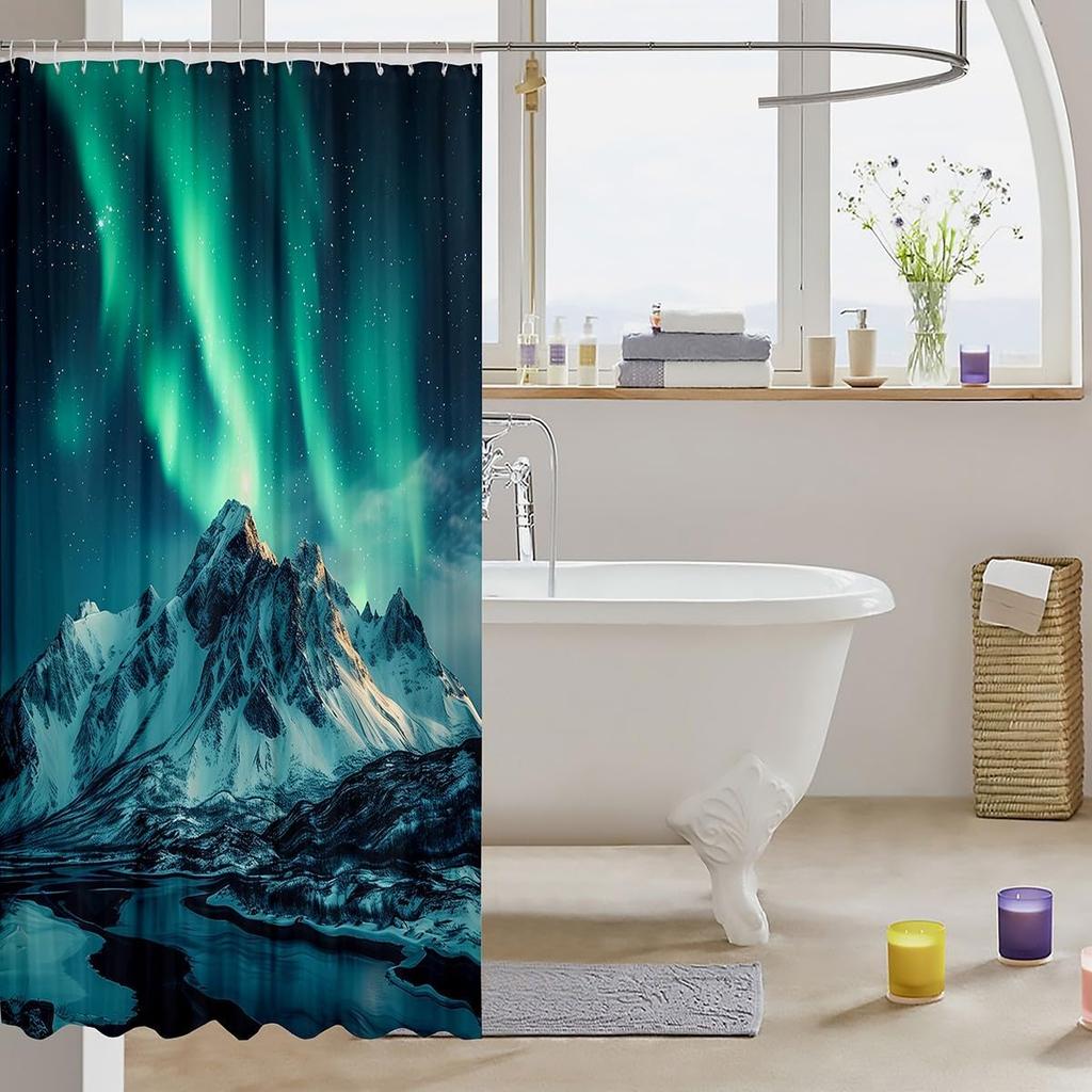 Aurora Borealis Fabric Shower Curtain Northern Lights Shower Curtain Aurora Snow Mountain Waterproof Bathroom Curtains Galaxy