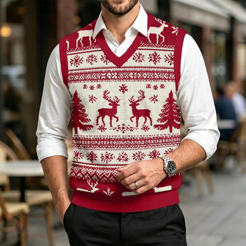 Men's V-Neck Sleeveless Knit Vest Casual Wool with Christmas Print for Commuting