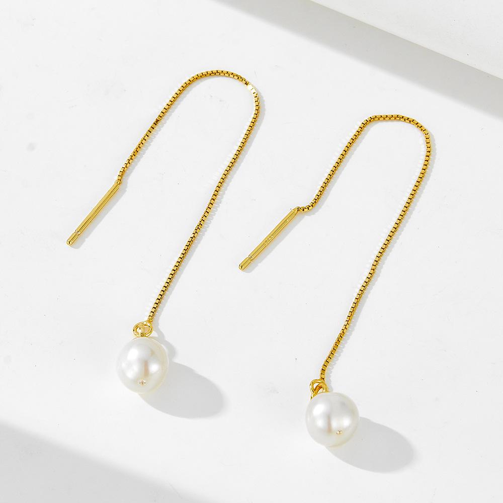 Europe and America Fashion Jewelry 925 Sterling Silver Pearl Tassel Long Chain Gold Plated Stud Earrings Jewelry for Women