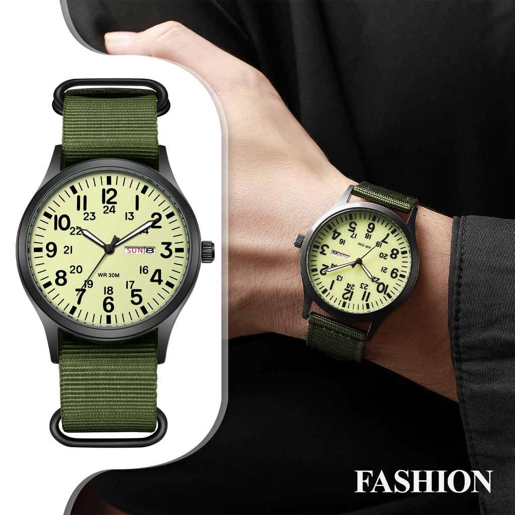 Outdoor Military Watch Analog Display Nylon Quartz Watch with Luminous Day of the Large Green Boyfriend Gift Men's Strap Calendar, Index, Date, Week,