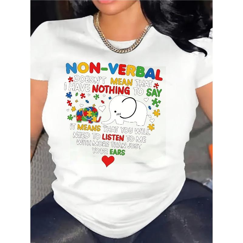 

Women Autism Puzzle Print T-Shirt Round Neck Short Sleeve All-Season Casual Fashion Top S белый