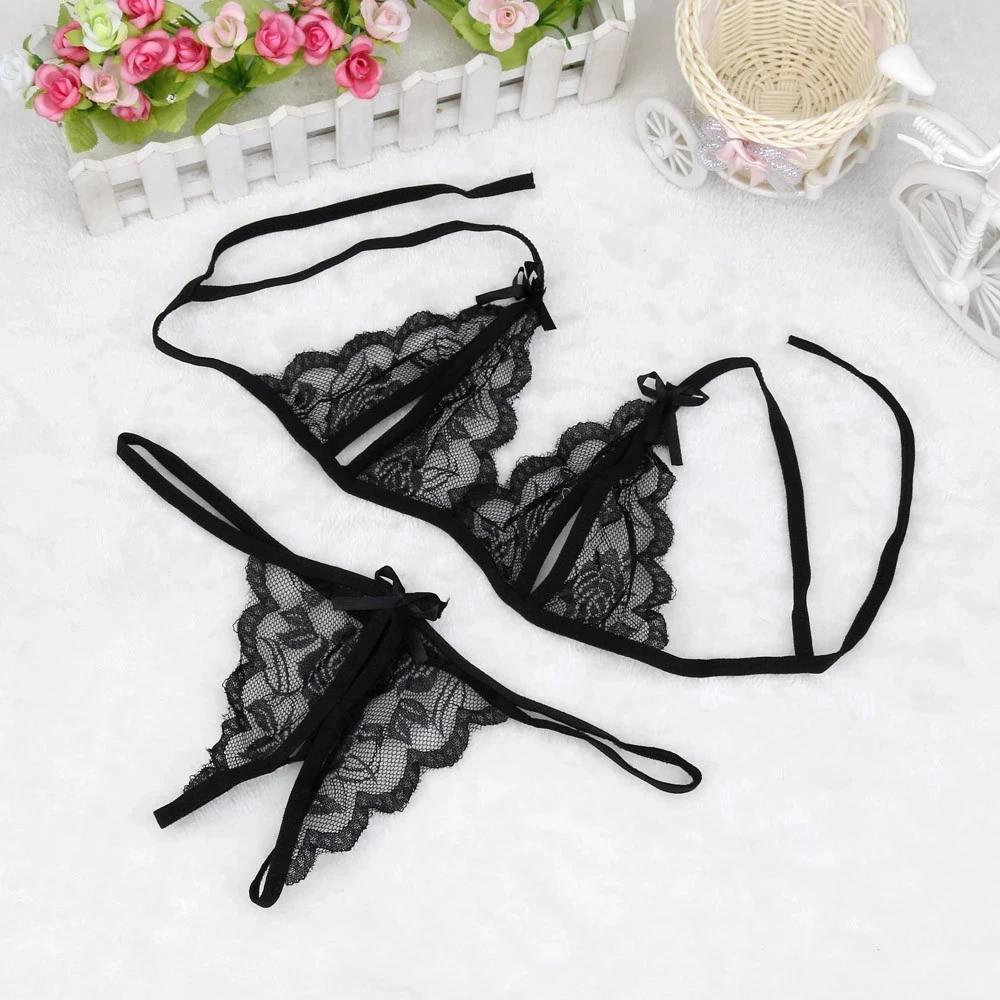 Sexy Women Lady Lingerie see through Lace Underwear Sleepwear lace up bra +Open Crotch G-string Erotic set For Woman