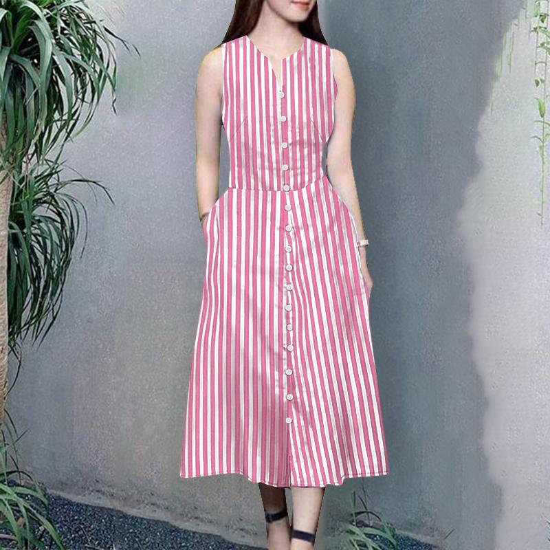 

ZANZEA Women Casual V-Neck Summer Sleeveless Stripe Dress 3XL красный