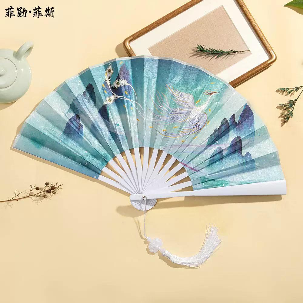 Hanfu Fan for Boys, Chinese Style 8inch Plastic Fan with Tassel Pendant, Trendy Folding Fan for Children, Silk Cloth, Ancient Style, Tear-Resistant