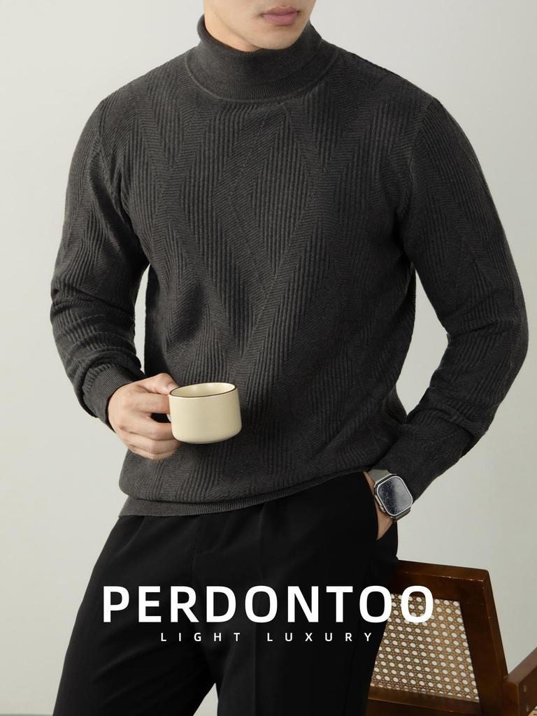 Men's Lazy Style High Neck Sweater - Lyocell Wool Blend Jacquard, Autumn Winter Warm Knitwear