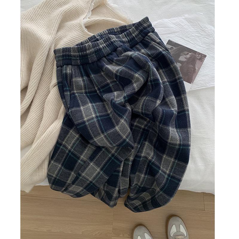 Women's Fleece-Lined Retro Plaid Wide-Leg Pants - Autumn/Winter Casual