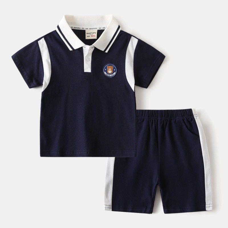 Children's Summer Clothing Boys' Short-Sleeved Suit Baby Lapel Polo Shirt Shorts Two-piece Set Children's Embroidery Bear Clothes