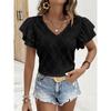 Summer Double-layer Ruffled Women Lace Blouse Casual Solid Color V-neck Shirts Sort Sleeve Loose Hollow Out Top Casual Sweet Fashion Elegant Clothing