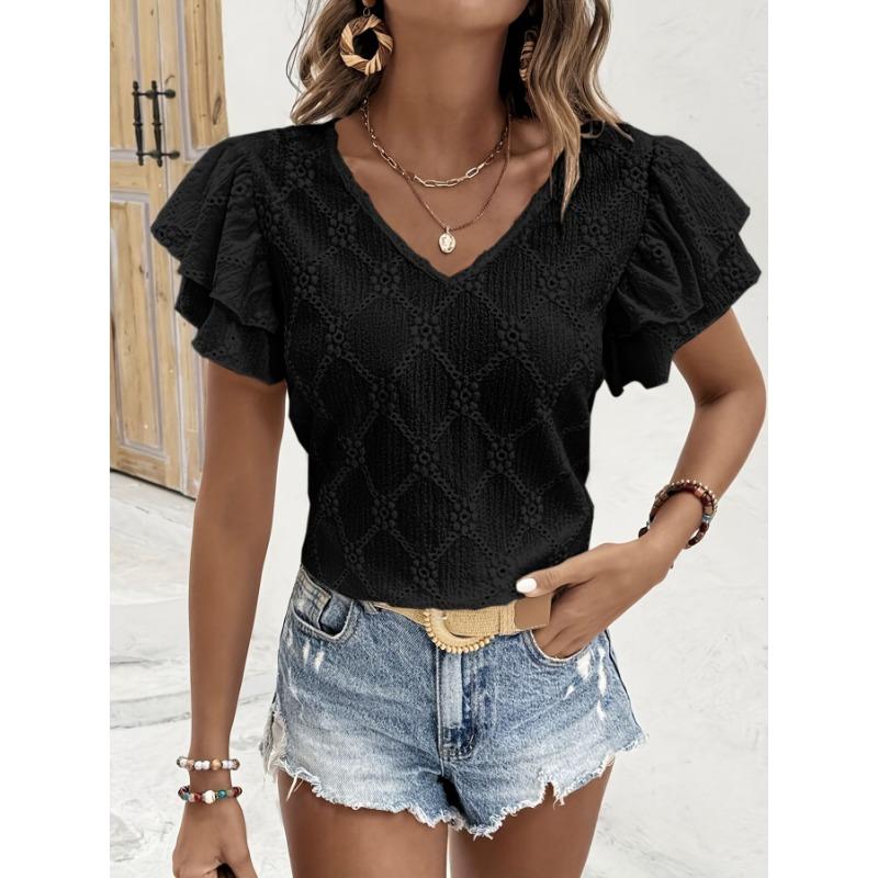 Summer Double-layer Ruffled Women Lace Blouse Casual Solid Color V-neck Shirts Sort Sleeve Loose Hollow Out Top Casual Sweet Fashion Elegant Clothing