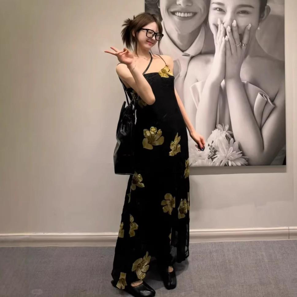 High-End Black Knit Cut-Out Spaghetti Strap Dress for Women Large