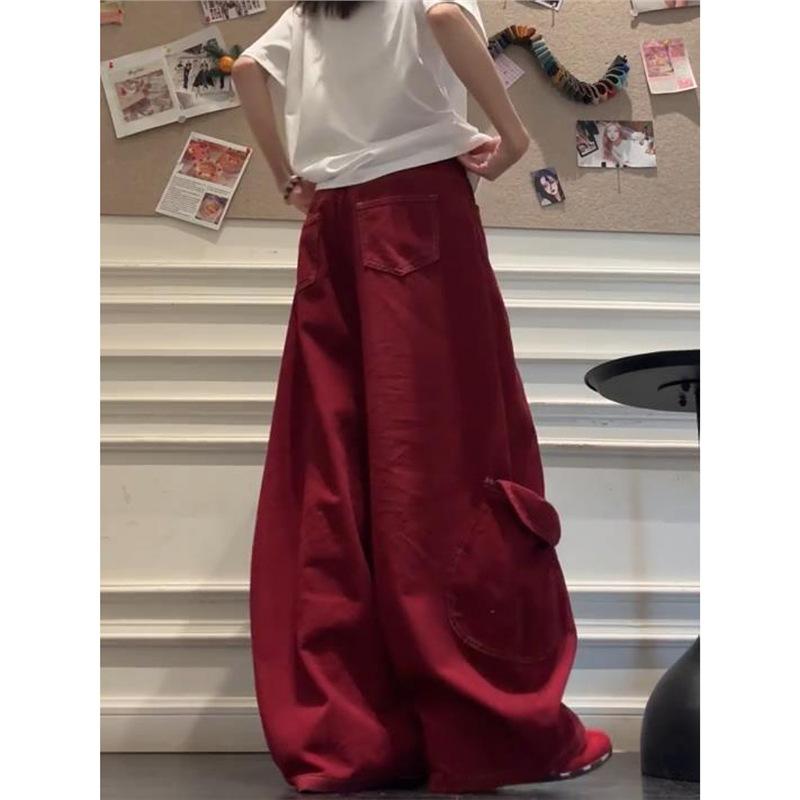 Large size American retro deconstruction multi-pocket tooling jeans women's design sense red loose wide-leg floor-mopping trousers