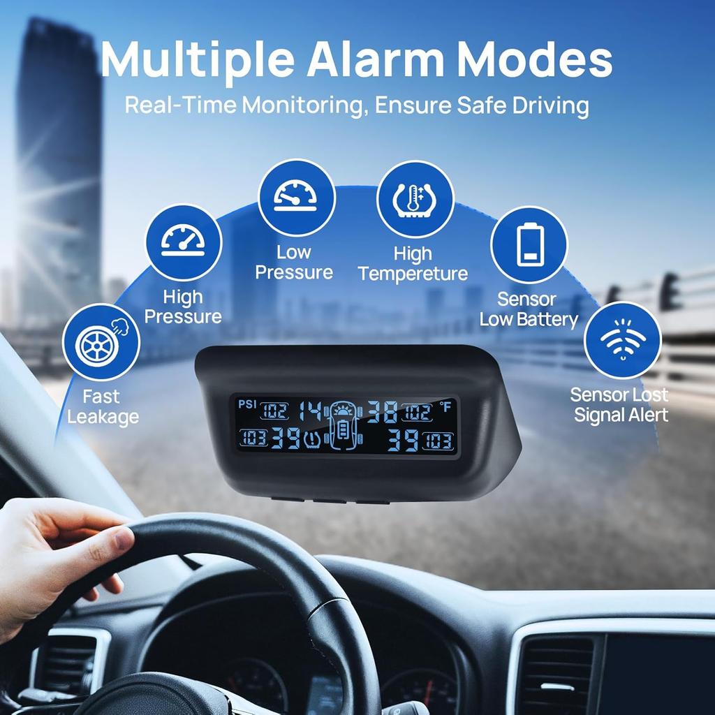 Tire Pressure Monitoring System, RV/Trailler TPMS With Solar Charging & Auto Calibration, M13 LCD Display Tpms 4 Sensors (0-87PSI)