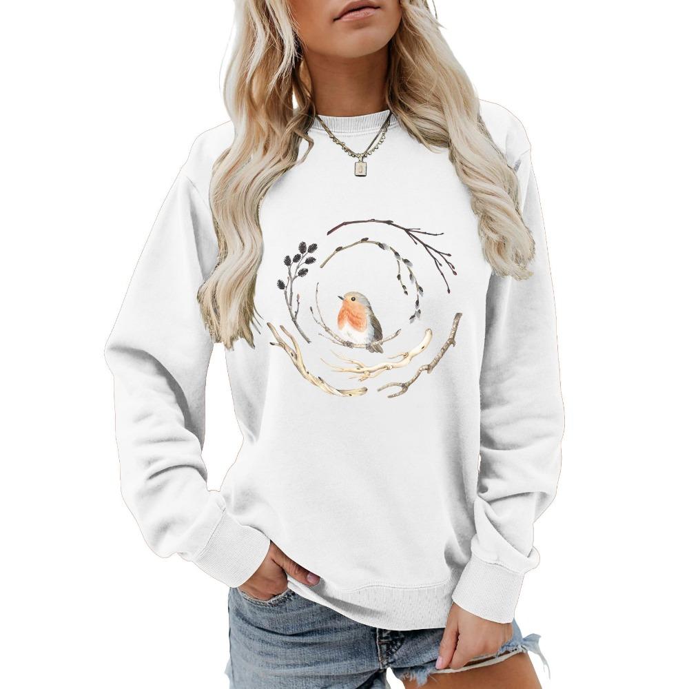 

Autumn Women s Hoodie Bird Twig Circle Leisurely Classical Printed Top Loose Fashion Crew-neck Hoodie Ladies Long Sleeve Pullover XL