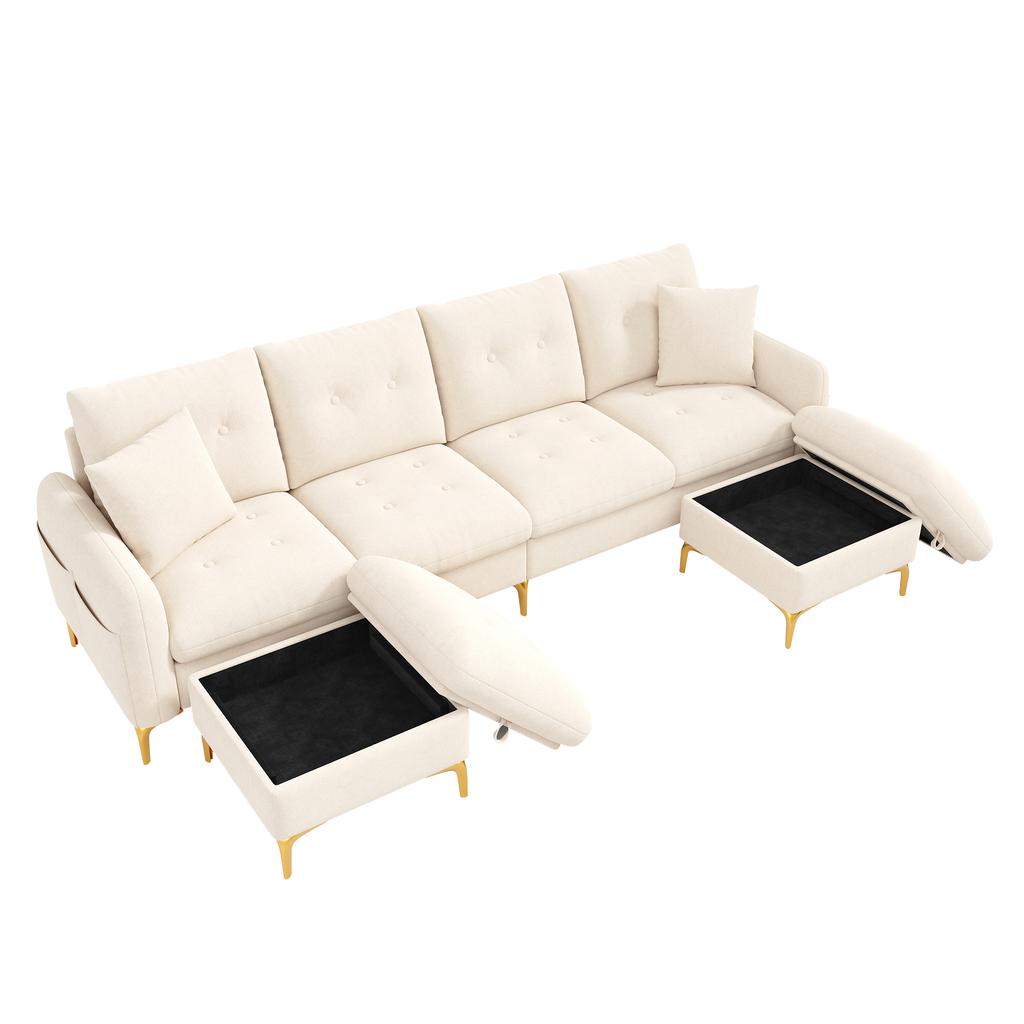 4-seater U-shaped modular sofa bed with 2 storage stools and 2 decorative cushions, total dimensions 263×137×85 cm, Beige