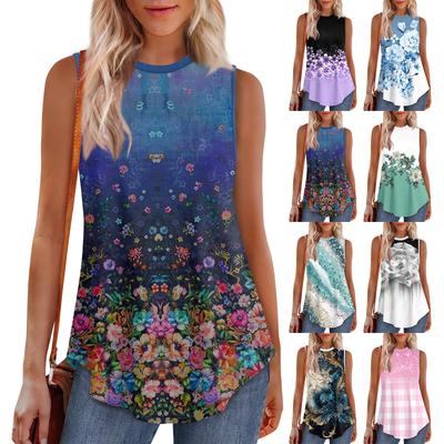 Damen-Weste mit Rundhalsausschnitt und Blumendruck, vielseitiges, lockeres Saum-T-Shirt, ärmellos