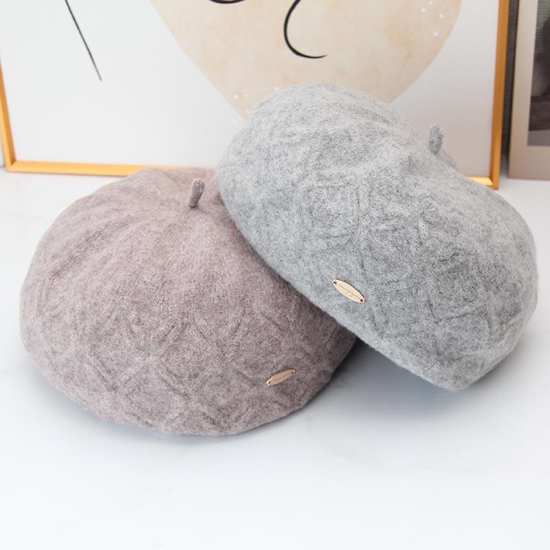 New Diamond Embossed Wool Beret Women's Autumn and Winter Retro Metal Standard Pumpkin Hat Showing Small Temperament Painter Hat
