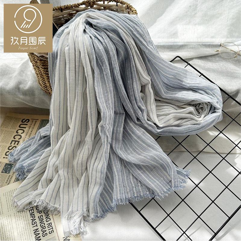 Simple Striped Cotton and Linen Scarf for Women, High-end Sense Light Luxury Contrasting Color Small Fringed Shawl Decoration Men's Silk Scarf