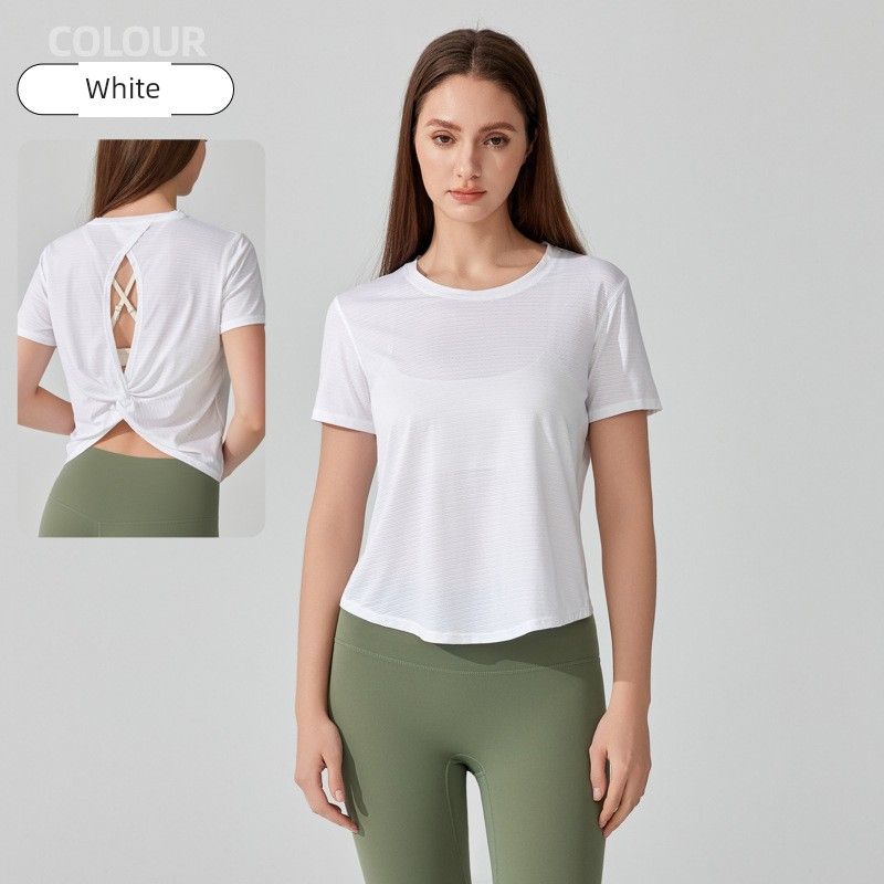 

Export Quick-Drying Sports Back Shaping Short Sleeve Tops Women s Summer Fitness Vest Clothes Twisted Fitness Breathable Blouse Yoga Clothes White L