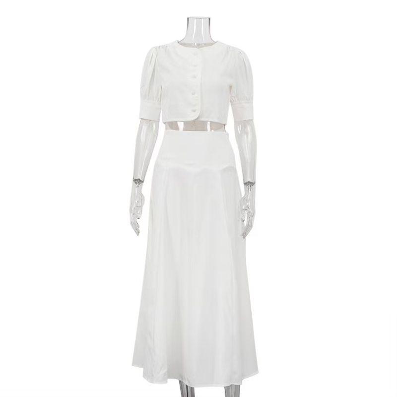 

Fashion Style New Arrival Fashion Elegant Short Sleeve Tops Skirt Suit Short Top and Skirt Set White S