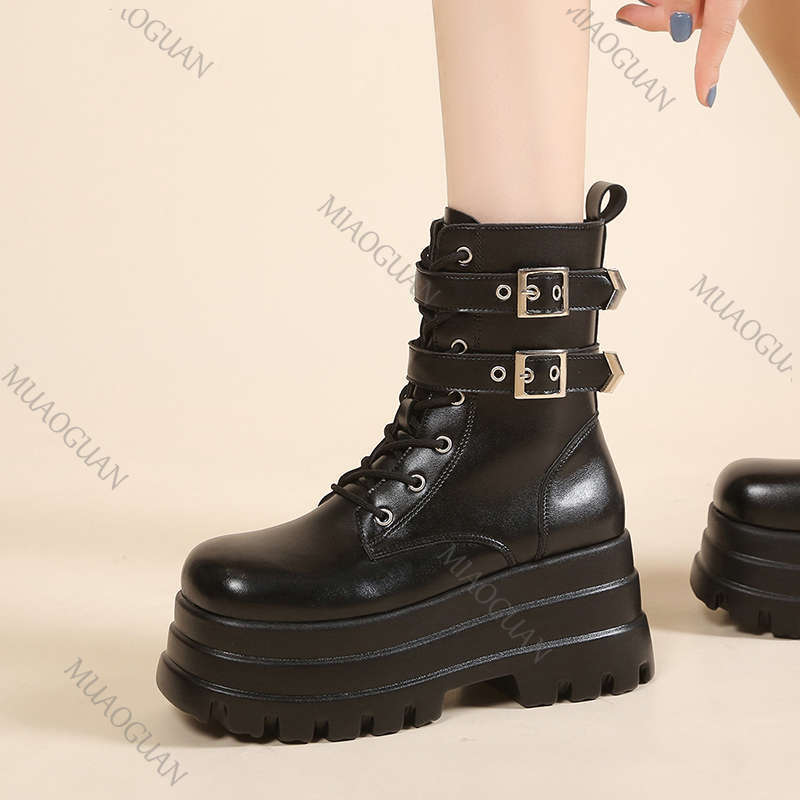 Fashion Women Black Punk Gothic Motorcycle Boots Chunky High Heel Ankle Boot Ladies Wedge Belt Buckle Platform Botines Female Shoes
