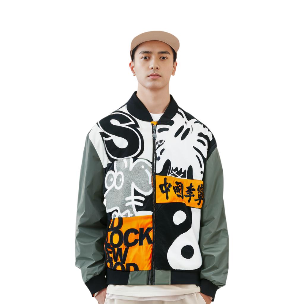 Li Ning X Steven Harrington Letter Splicing Bedruckte Reißverschlussjacke Herrenjacke Luo-Yan-Grün AJMT303-1