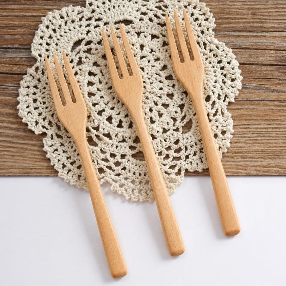 5Pcs Solid Wood Forks Set Wood Dinner Flatware Dining Salad Forks Salad
