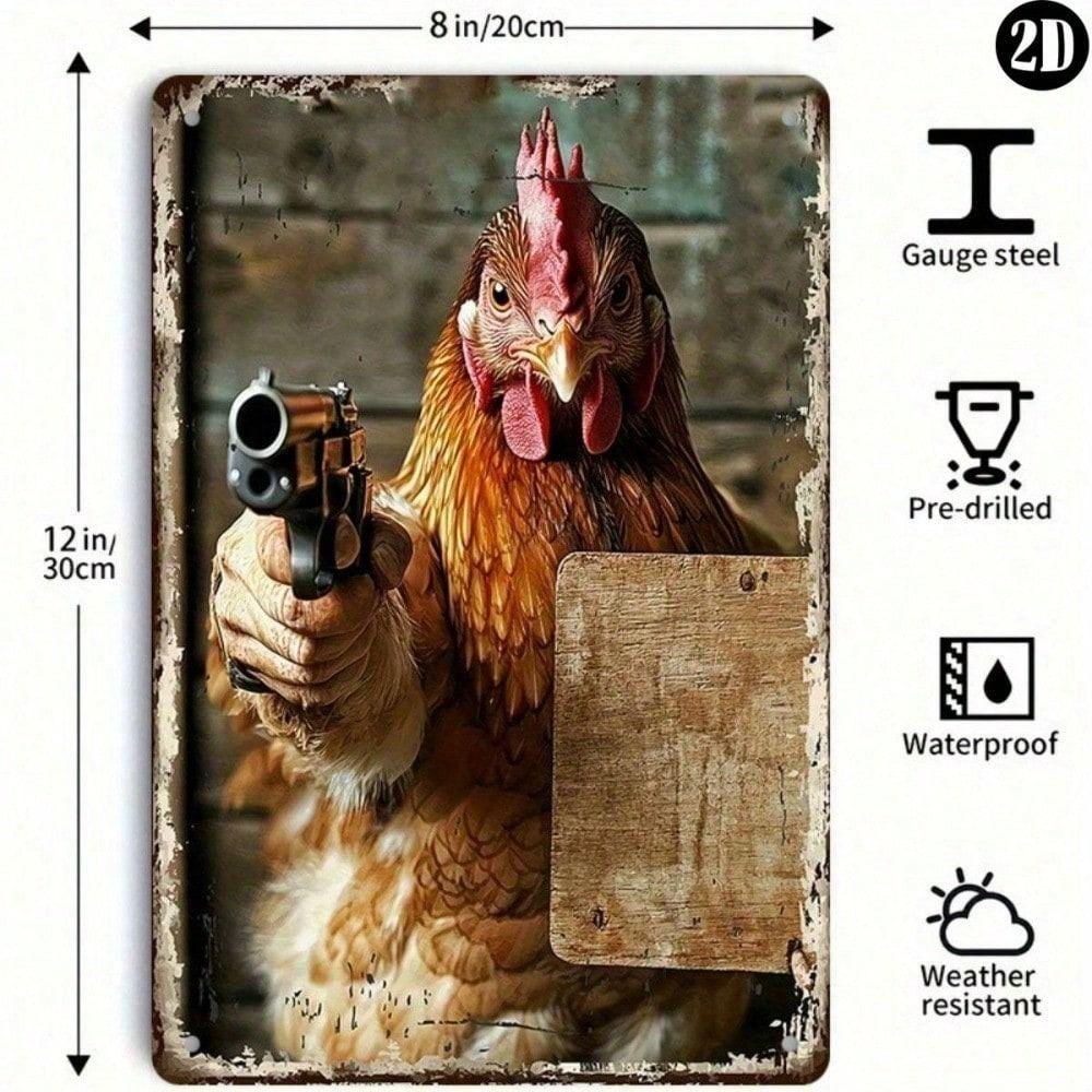Vintage Metal Poster Rooster With Gun 8x12 inch Bar Wall Art