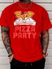 Cartoon Dancing Pizza Pieces And Pizza Party Text Front Print Unisexs Crew Neck Short Sleeve Tee Casual Daily Soft Basic Wear Top
