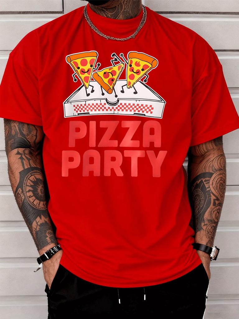 Cartoon Dancing Pizza Pieces And Pizza Party Text Front Print Unisexs Crew Neck Short Sleeve Tee Casual Daily Soft Basic Wear Top