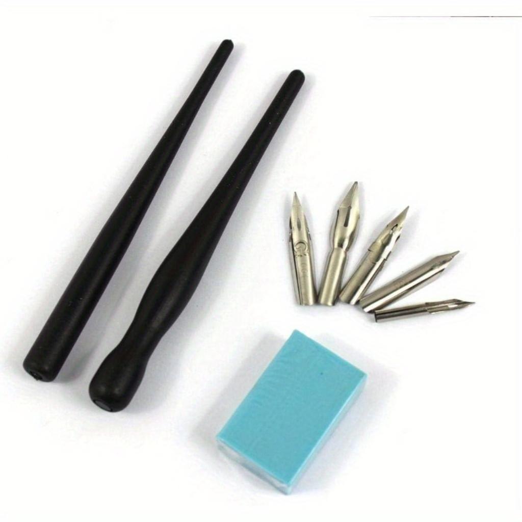 Cartoon-Comic-Dip-Pen-Set, Zeichen- und Malset-Werkzeug, zwei schwarze Stifthaltergriffe, fünf Federn, ein Stück Zeichenradierer