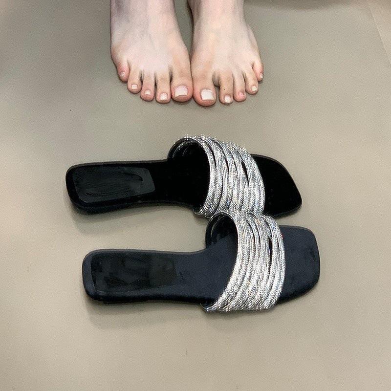Fashion one-word slippers women's summer wear lazy rhinestones with low heels open-toed sandals high sense