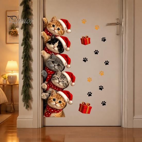 Holiday Decorative Door Clings Christmas Cat Sticker, Cute Santa Hat Kittens Wall Decal, Self Family Festive Interior Decorations Adhesive Waterproof