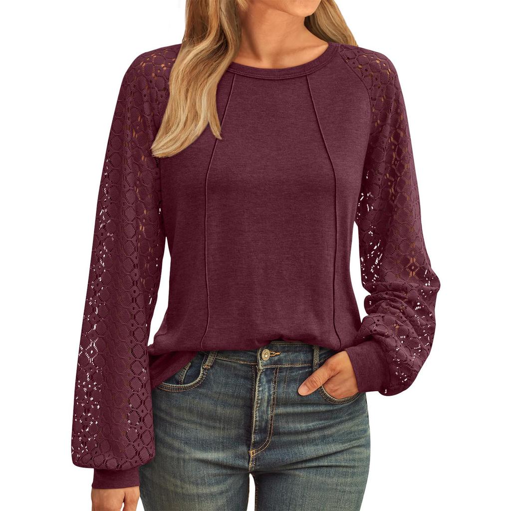 Women's Solid Color Lace Patchwork Round Neck Long Sleeved T-shirt Loose Top