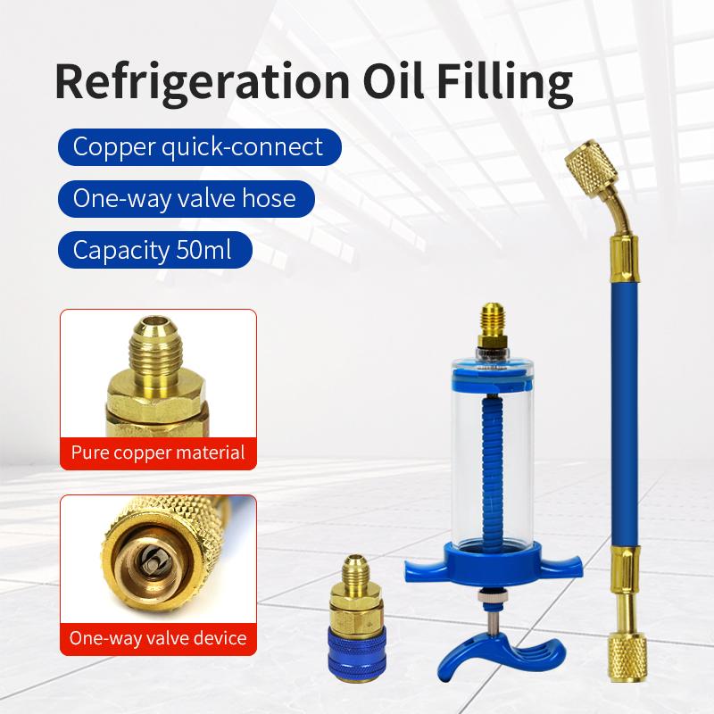 Auto A/C Oil/Dye Injector 50ml with r134a Low Side Quick Coupler Adapter 1/4 Air Conditioning Manual Oiler Injection Repair Tool