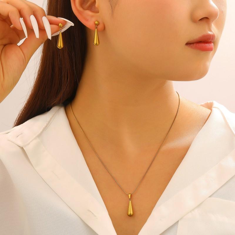 Stainless Steel Water Drop Pendant Necklace Women Minimalist Elegant Chain Jewelry Set With Earrings