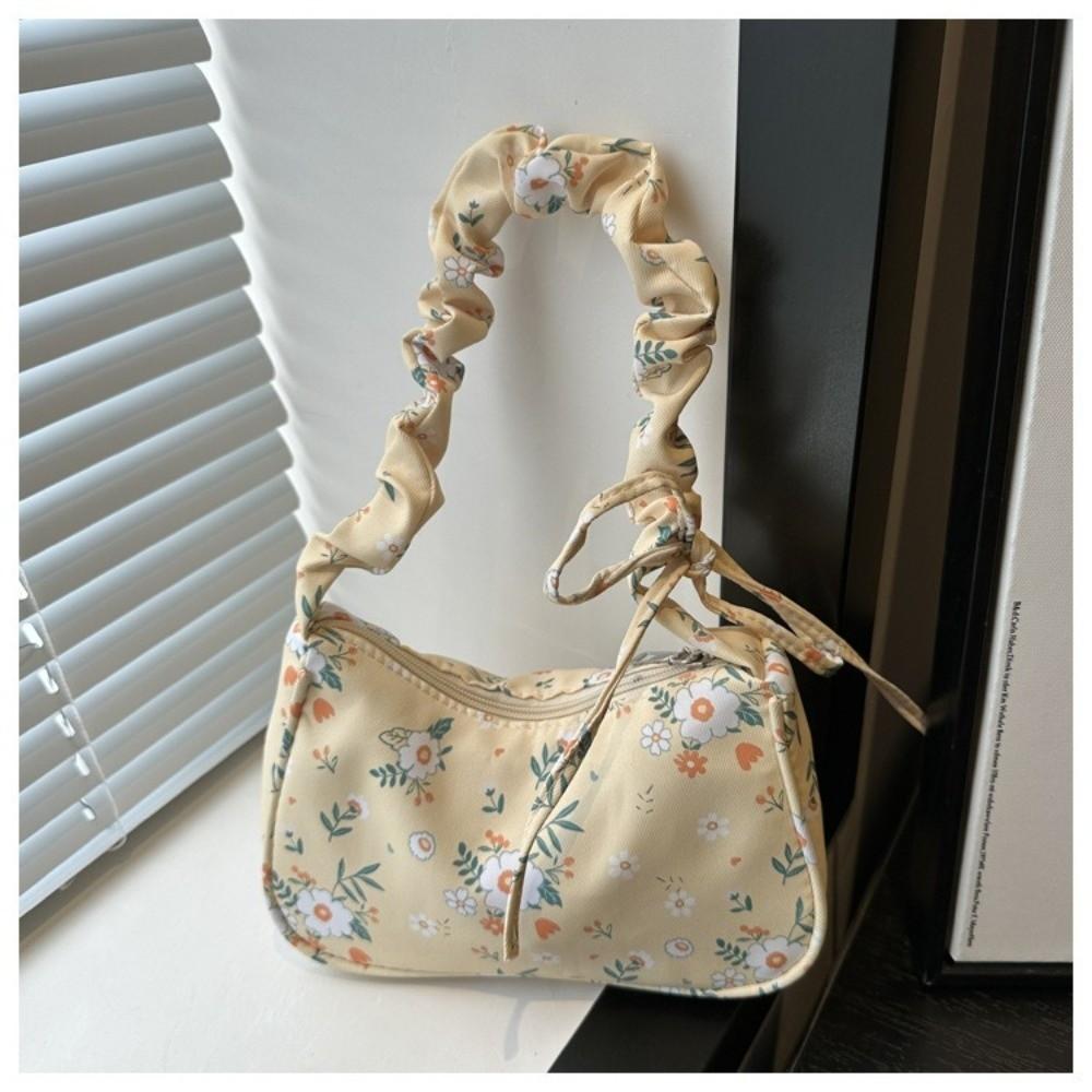 Sweet Flower Pleated Underarm Bag Nylon Large Capacity Floral Shoulder Bag Zipper Lightweight Girls Handbags Women