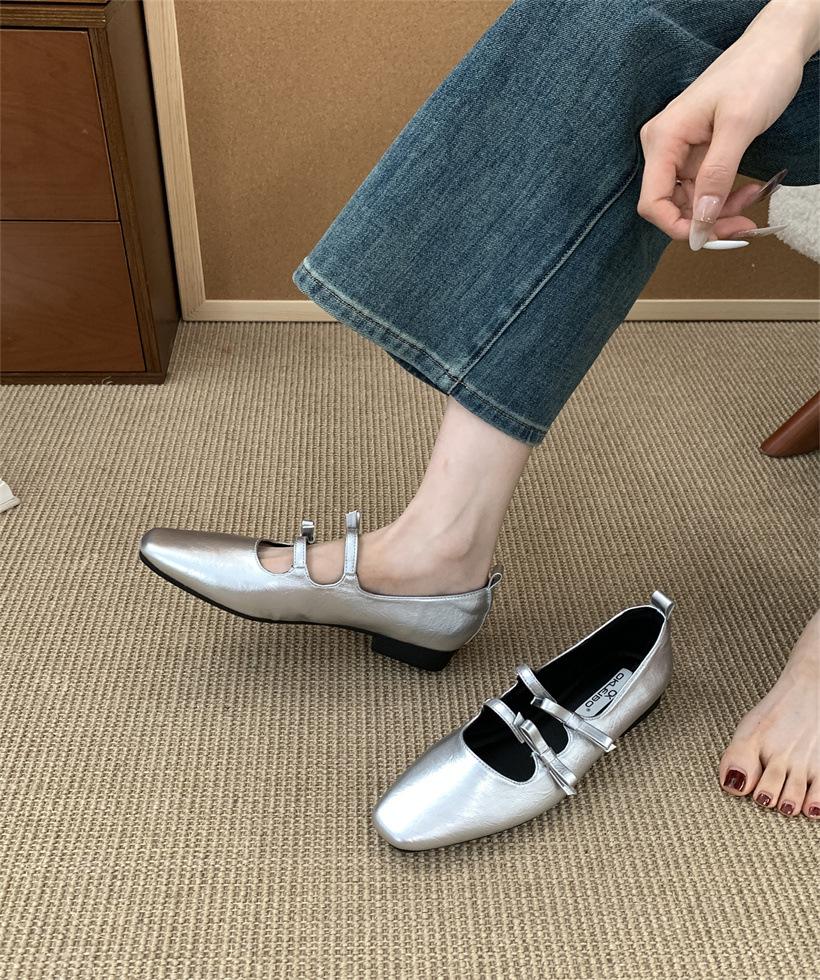 Spring 2025 New French Mary Jane Shoes Double Bow Square Head Shallow Mouth Temperament Flat Bottom with Skirt Single Shoes