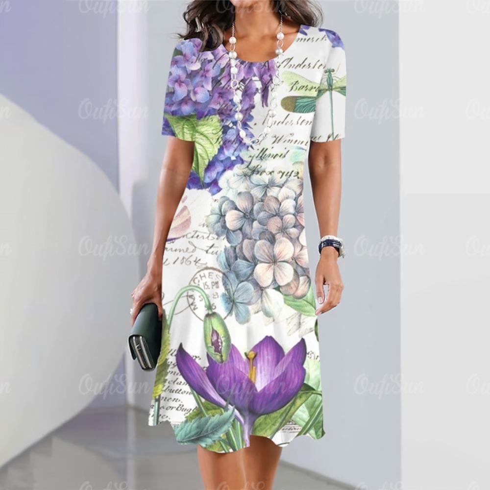 Neue Damenkleider mit Blumenmuster und 3D-Druck, Sommer, Luxus-Midikleider, kurzärmeliges Damenkleid, modische Übergröße