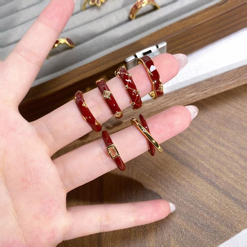 Court Style Medieval Red Lucky Transfer Enamel Drip Oil Opening Ring Butterfly High Sense Ring Woman