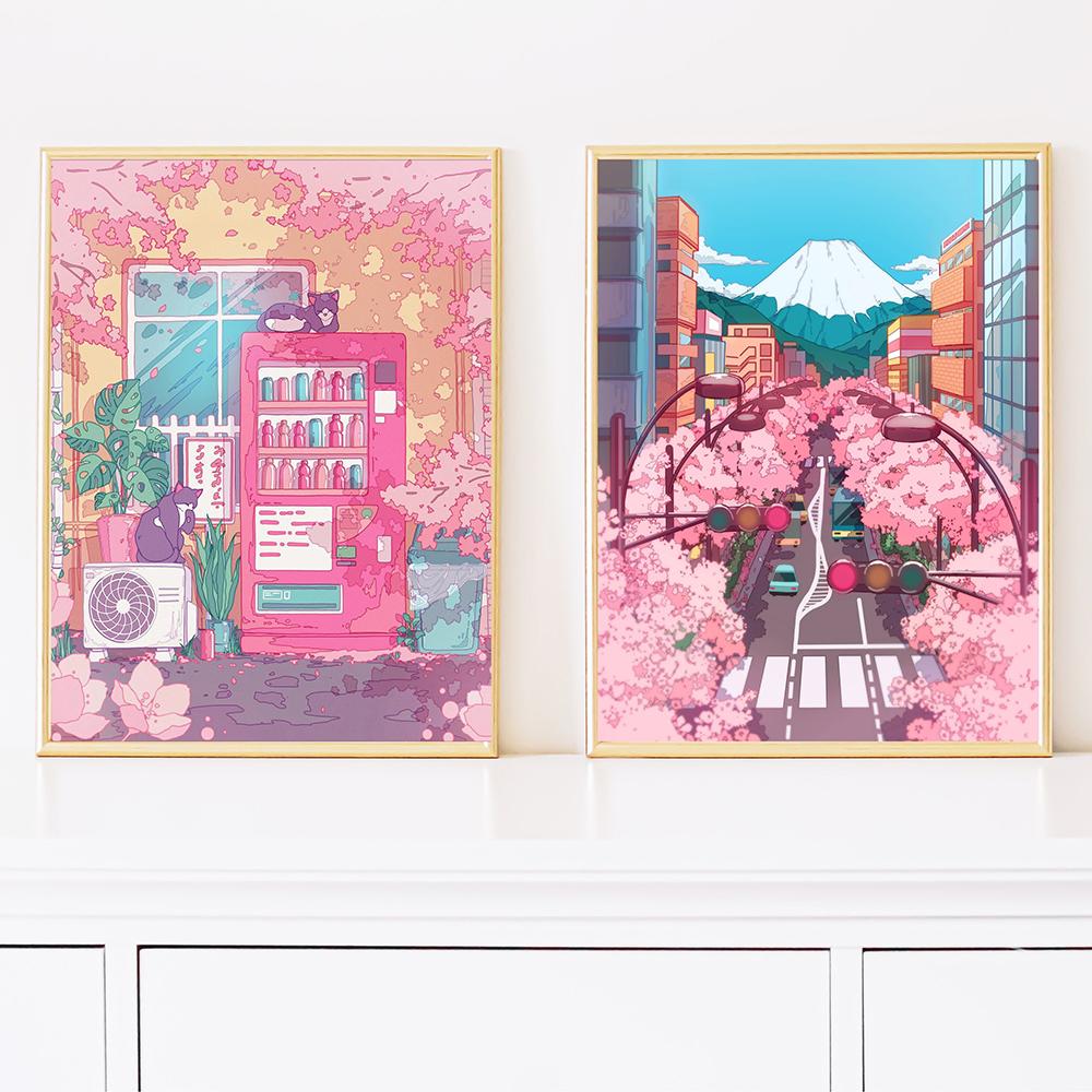Japanese Sakura Canvas Painting Posters Landscape Animal Cats Wall Art Prints Travel Pictures for  Living Room Home Decoration