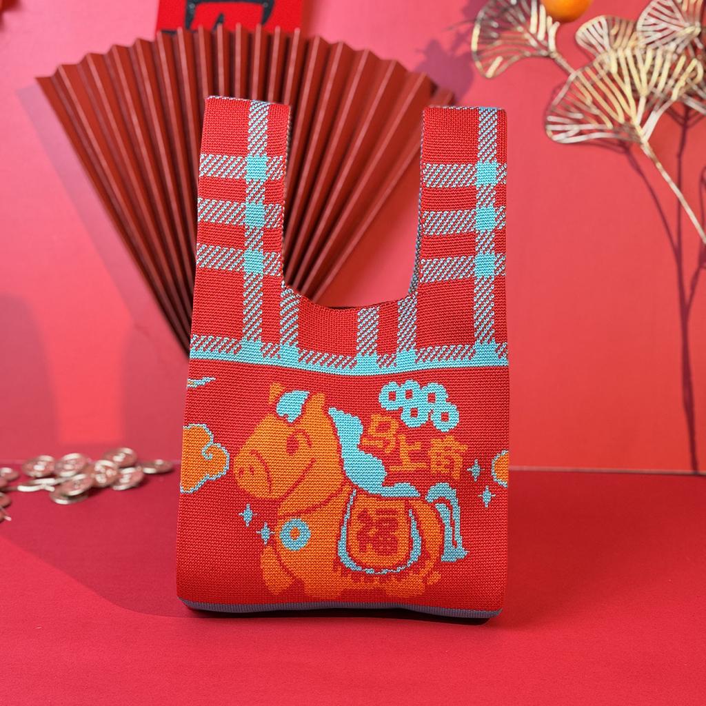 2026 Horse Year Cartoon Mascot Pony Knitted Gift Bag Handheld Candy Bag Mini Knot Wrist Bag Cute Tote Bag Reusable Shopping Bags