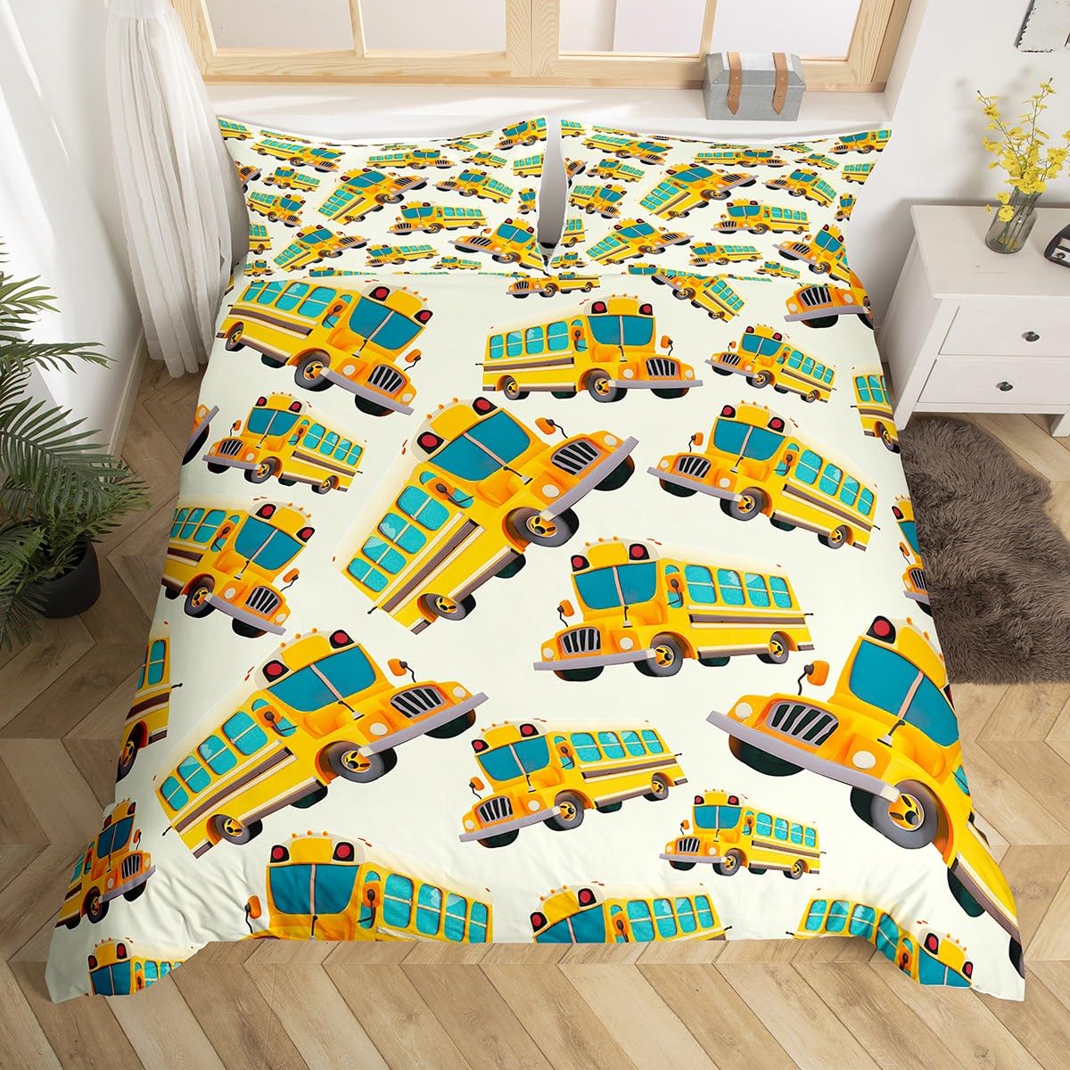 

Carton Car Soft Duvet Cover Set Schol Bus Patern Beding Set for Children Kids Young Boys Young Girls Bedrom Decor Single Double Quen Warm Comforter 135*200cm Eu-Single