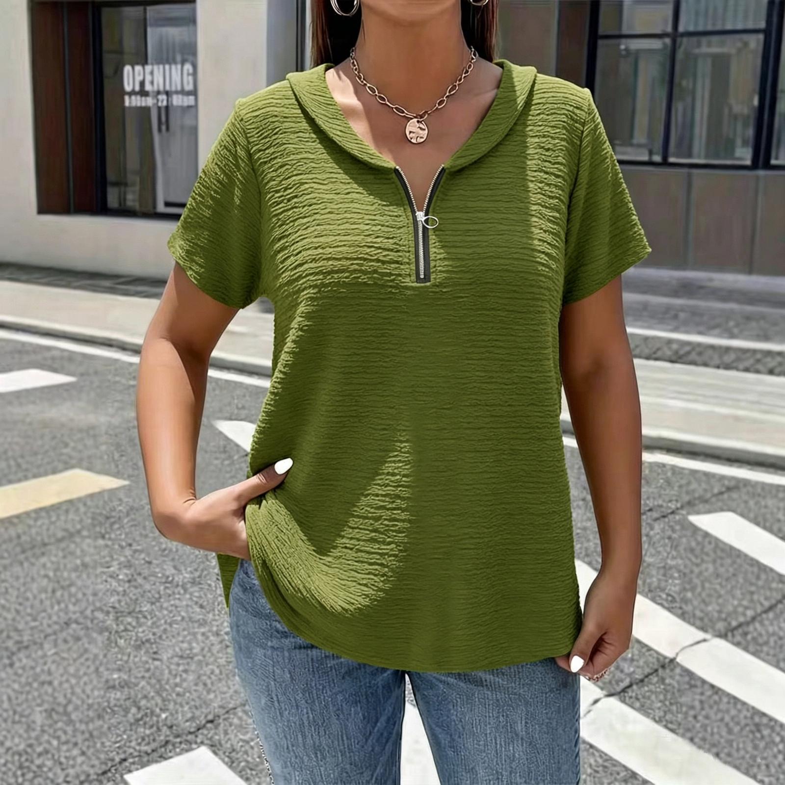 Women s Color Pleated Collar Zip Front T-Shirt Top L