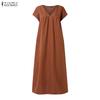 ZANZEA Women Casual V-Neck Solid Color Short Sleeve Long Dress